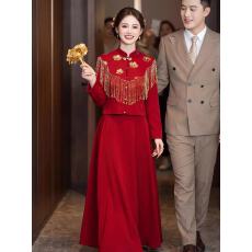 批发新中式云肩流苏红旗袍敬酒服新娘套装订婚<b class='q'>礼服</b>裙结婚秀禾秋季长袖