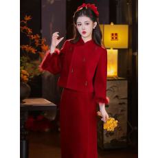 批发<b class='q'>红色</b>小香风高端新娘订婚礼服轻奢小众敬酒服冬装新中式回门服日常