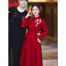 批发红色长袖敬酒服新娘新中式小<b class='q'>礼服</b>裙女高端大气结婚订婚中长款
