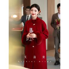 批发红色大衣新娘结婚敬酒订婚礼服双面呢宽松<b class='q'>长款</b>外套冬女