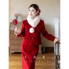 批发新中式毛呢<b class='q'>敬酒</b><b class='q'>服</b>新款新娘订<b class='q'>婚礼</b><b class='q'>服</b>红色小香风套装