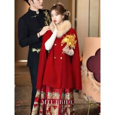 批发红色毛呢大衣<b class='q'>女</b>小个子新娘敬酒服外搭秋冬订婚礼服斗篷外套