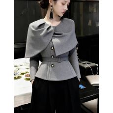 批发灰色斗篷外套女秋<b class='q'>冬</b>高端设计感时髦洋气名媛小香风收腰气质短上衣