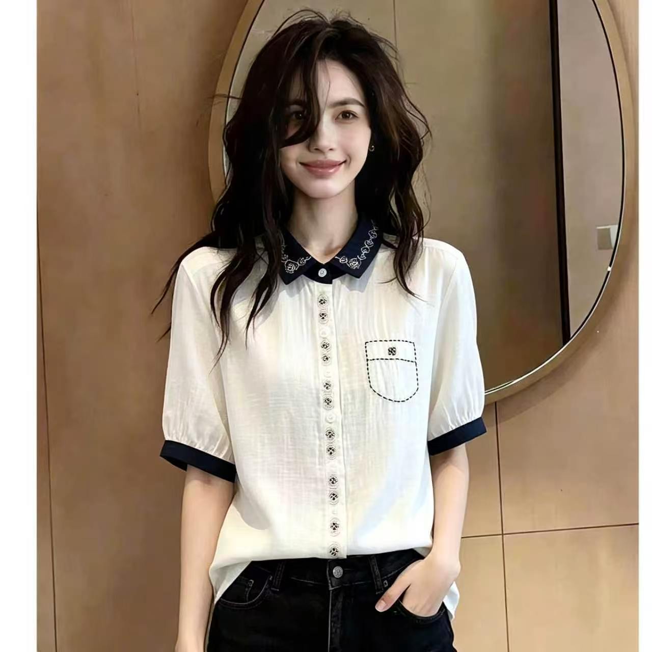 RY4451# 双层棉纱长袖衬衫女2026春复古文艺绣花领子柔软亲肤透气纯棉上衣