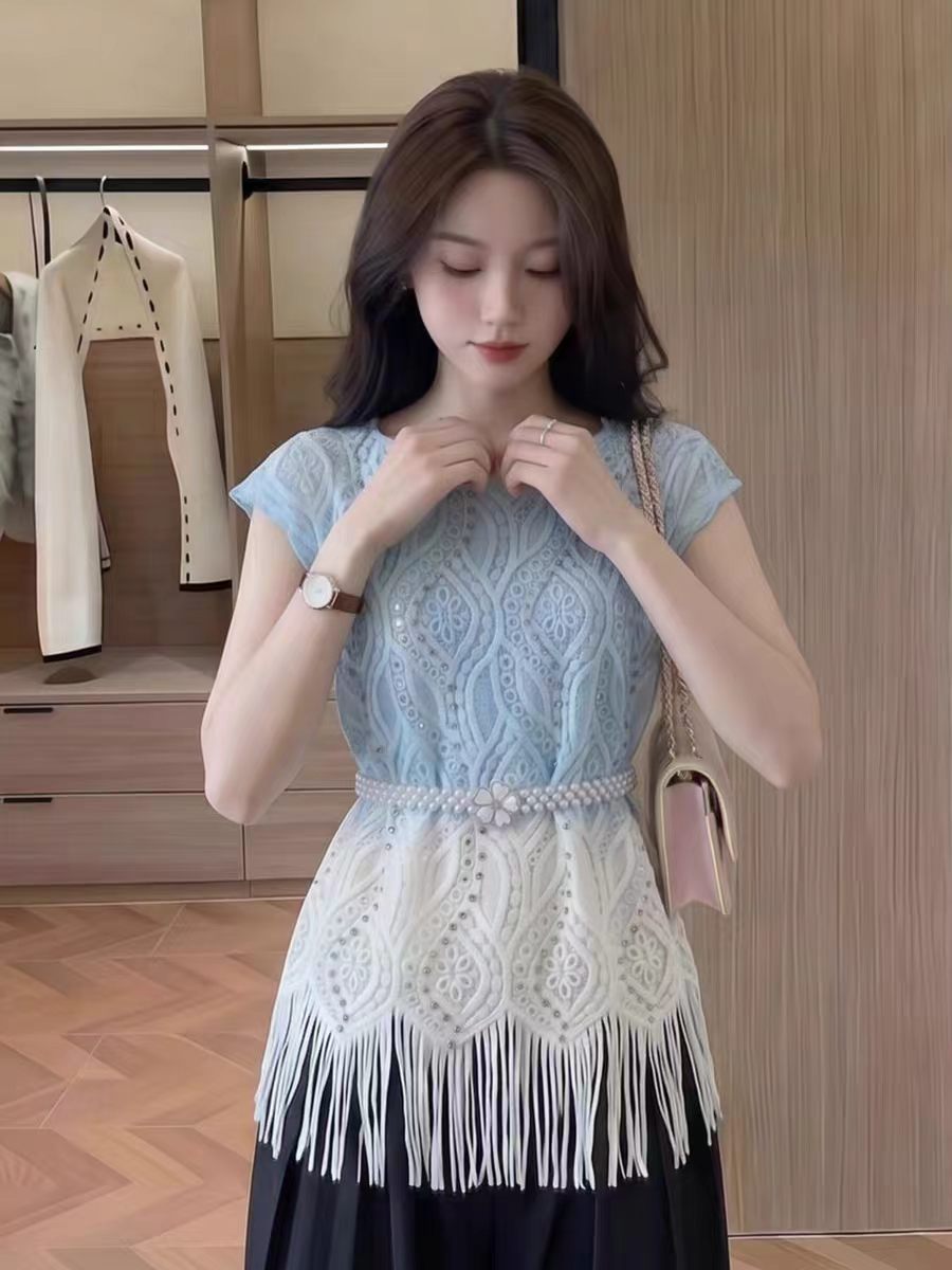 파란색 작은 대중 디자인 센스 홀로우 아웃 반팔 맨위 여성 의류 여름 패션 고급 센스 행침 염색 비즈 박기 빅 사이즈 작은 셔츠