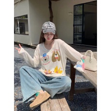 批发原版雪花亚麻字母动物可爱狗狗印花长袖T恤女<b class='q'>春</b>秋U型