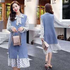 批发秋冬两件套女2025新款波点雪纺连衣裙<b class='q'>中长款</b>宽松针织马甲开衫套装