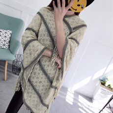 批发实拍秋装新款<b class='q'>韩版</b>针织衫中长款百搭女套头流苏蝙蝠袖斗篷披肩外套