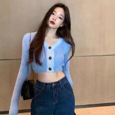 批发欧美风秋新款修身显瘦<b class='q'>马海毛</b>拼色V领单排扣露脐短款针织衫<b class='q'>开衫</b>女A