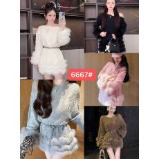 批发韩国东大门毛绒拼接长袖针织<b class='q'>连衣裙</b>女秋季高腰毛衣<b class='q'>连衣裙</b>子配腰带