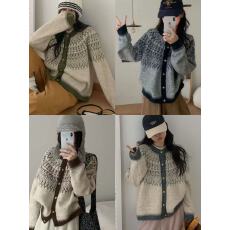 批发韩国东大门复古提花毛衣开衫外套女秋<b class='q'>冬</b>季新款宽松慵懒风针织上衣