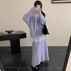 批发2025秋冬新款温柔风<b class='q'>蕾丝</b>拼接毛衣上衣半身长裙两件套宽松慵懒套装