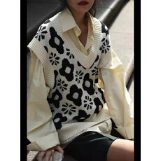 批发Hielf 黑白提花宽松针织马甲春季2025新款休闲显瘦V领毛衣背心女