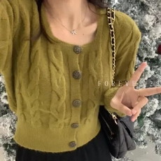 批发韩风chic2025春季新款复古纽扣方领毛衣<b class='q'>短款</b><b class='q'>开衫</b>女麻花小众新款