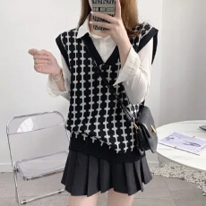 批发韩风chic2025春季新款慵懒风V领马甲千鸟格宽松百搭毛衣坎肩