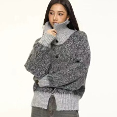 批发2025秋冬美式复古<b class='q'>宽松</b>慵懒风加厚短款高领针织开衫毛衣外套