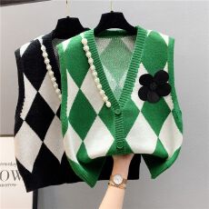 批发菱格开衫毛衣开衫女<b class='q'>宽松</b>外穿设计感小众马甲慵懒风春秋冬针织外套
