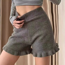 批发韩国秋冬甜美百搭木耳边松紧高腰<b class='q'>显瘦</b>针织短裤