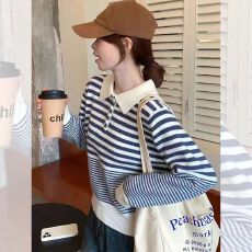 批发韩系氛围感穿搭条纹polo领<b class='q'>针织衫</b>女秋季<b class='q'>宽松</b>慵懒高级感小个子上衣