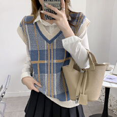 批发韩风chic复古格纹v领毛衣马甲叠穿针织背心宽松打底女