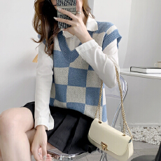 批发韩风chic宽松显瘦V领针织马甲<b class='q'>秋</b>冬中长款棋盘格毛衣潮