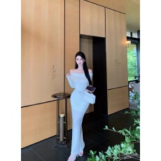 批发一字肩长袖针织拼接<b class='q'>连衣裙</b>直筒拼接长款包臀裙配腰带