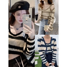 批发韩国chic春季新款修身条纹<b class='q'>吊带</b>打底+缕空长袖开衫两件套