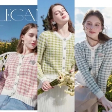 批发法式小清新圆领<b class='q'>短款</b>小<b class='q'>开衫</b>千鸟格子爱心毛衣针织衫外套女香风