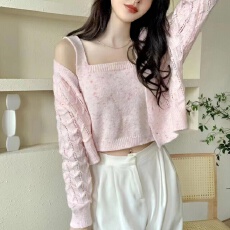 批发韩版小仙女清新<b class='q'>吊带</b><b class='q'>背心</b>针织小开衫两件套女