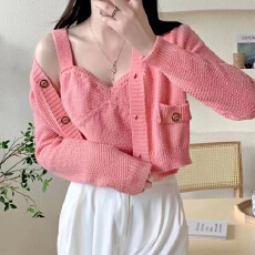 批发日韩小清新温柔甜美两件套女早秋法式气质针织<b class='q'>吊带</b><b class='q'>背心</b>潮