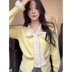 批发灰色甜美<b class='q'>蕾丝</b>花边蝴蝶结毛衣开衫女2025新款内搭春秋冬小个子外套