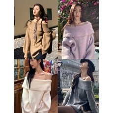 韩国东大门一字肩设计感小众奶呼呼软糯套头毛衣女秋冬超好看针织