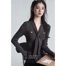 批发2025秋冬新款小香风绑带V领褶皱针织衫<b class='q'>女</b>收腰<b class='q'>打底衫</b>内搭毛衣上衣