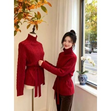 批发圣诞新年穿搭红色麻花收腰高领毛衣<b class='q'>女</b>秋冬宽松慵懒内搭打底针织衫