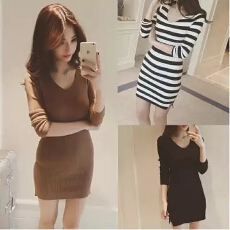 批发欧美秋装韩国新款弹力长袖V领修身显瘦针织<b class='q'>连衣裙</b>