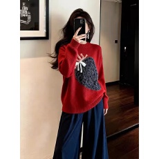 批发冬季慵懒风红色草莓提花针织上衣女2025年新款休闲宽松<b class='q'>中长款</b>毛衣