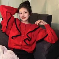 批发韩版复古<b class='q'>荷叶边</b><b class='q'>毛衣</b>开衫外套女秋冬季2025年新款宽松短款针织上衣