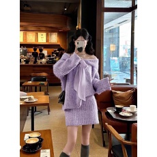 批发韩系高级感蝴蝶结针织秋冬慵懒风设计感宽松显瘦毛衣+包臂裙套装