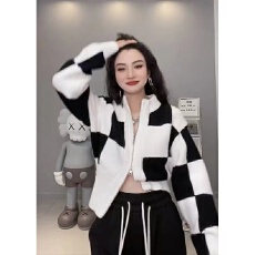 批发韩版格子针织衫女装<b class='q'>修身</b>拉链立领长袖小开衫外套秋冬新款毛衣上衣