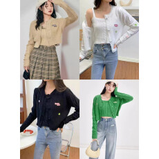 批发韩版针织衫两件套上衣早秋新款绿色毛衣背心<b class='q'>短</b>款外搭开衫女