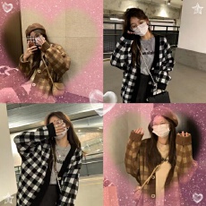 批发2026春秋款咖色<b class='q'>棋盘</b><b class='q'>格</b>毛衣外套女韩版宽松V领单排扣软糯开衫