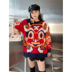 批发韩版炸街加厚秋冬装虎虎生威红色虎头毛衣针织衫上衣