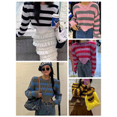 批发<b class='q'>韩版</b>时尚感条纹慵懒风毛衣女早秋薄款双版本套头长袖<b class='q'>针织衫</b>短款上