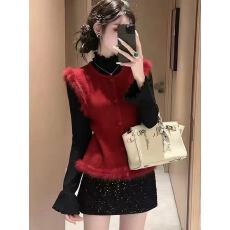 批发韩系温柔新款毛毛针织上衣气质秋冬新款百搭拼接毛衣马甲外套上衣