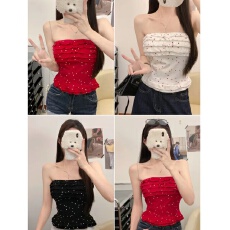 批发纯欲甜心收腰波点抹胸上衣温柔木耳边无袖短款修身背心外穿