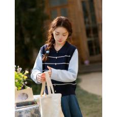 批发学院风假两件针织衫女设计感<b class='q'>条纹</b>马甲拼接长袖<b class='q'>衬衫</b>上衣