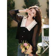 批发春季新款女装长袖叠穿拼色翻领<b class='q'>针织</b>衫<b class='q'>开衫</b>钉珠装饰设计感气质