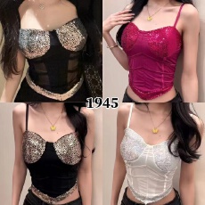 批发亮片<b class='q'>网纱</b>吊带背心女外穿夏季泰式辣妹性感抹胸<b class='q'>上衣</b>鱼骨胸衣