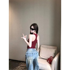 批发美式辣妹字母印花针织吊带工字型背心女带胸垫美背修身显瘦上衣潮