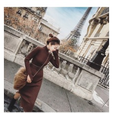 批发PINZIKO <b class='q'>秋</b>冬中长款针织连衣裙女修身过膝一步打底毛衣裙